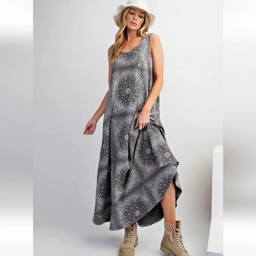 New! Easel Ash Bandana Print Mineral Washed Cotton Maxi Dress - Picture 2 of 5